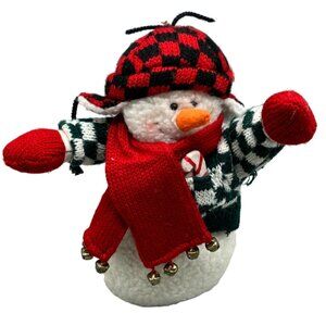 Decorative Snowman Plush With Red Scarf & earmuff Hat cheeker bells stand READ